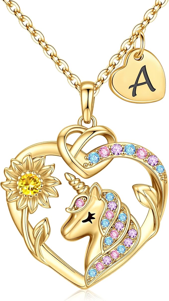 M MOOHAM Unicorn Gifts for Girls - 14K Gold Plated Heart Unicorn Necklaces for Girl CZ Sunflower Necklace Initial Necklace for Kids Unicorns Jewellery Birthday Gifts for Girls Daughter Granddaughter