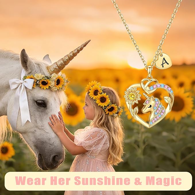 M MOOHAM Unicorn Gifts for Girls - 14K Gold Plated Heart Unicorn Necklaces for Girl CZ Sunflower Necklace Initial Necklace for Kids Unicorns Jewellery Birthday Gifts for Girls Daughter Granddaughter