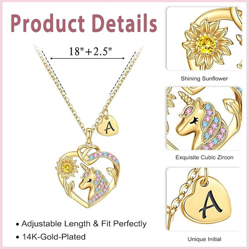 M MOOHAM Unicorn Gifts for Girls - 14K Gold Plated Heart Unicorn Necklaces for Girl CZ Sunflower Necklace Initial Necklace for Kids Unicorns Jewellery Birthday Gifts for Girls Daughter Granddaughter