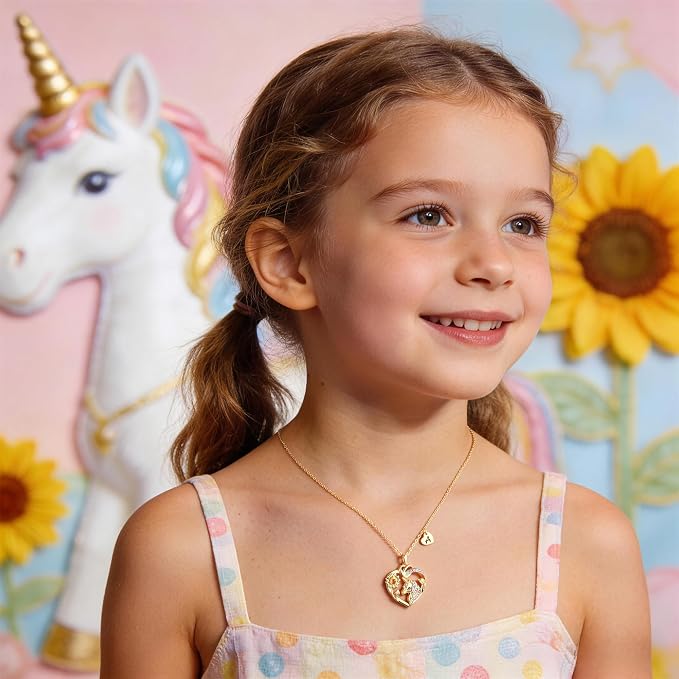 M MOOHAM Unicorn Gifts for Girls - 14K Gold Plated Heart Unicorn Necklaces for Girl CZ Sunflower Necklace Initial Necklace for Kids Unicorns Jewellery Birthday Gifts for Girls Daughter Granddaughter
